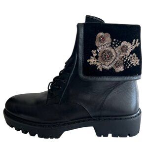 ZARA Black Embroidered Black with Gold Flower Design Boots US 8